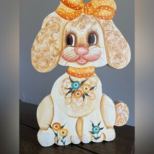 Vintage Handcrafted Folk Art Dog Bunny Door Stop Wood Handmade Handpainted 1980s